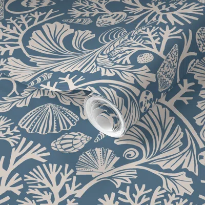 Spoonflower Pre-pasted Wallpaper Seabed Shells And Seaweed 2 Colour With Admiral Blue  Removable