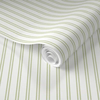 Spoonflower Pre-pasted Wallpaper Seeded Stripe Olive Green & White Thin Stripe Beaded Stripe 2' X 12' Removable
