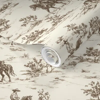 Spoonflower Pre-pasted Wallpaper Sepia Western Cowboy Toile Pattern 2' X 12' Removable