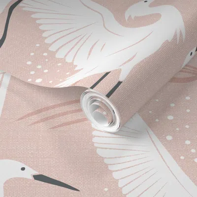Spoonflower Pre-pasted Wallpaper Serene Coastal Herons - Elegant Japandi Flying Cranes Dusty Blush Clay Lrg 2' X