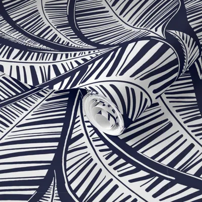 Spoonflower Pre-pasted Wallpaper Serene Palm Leaves Navy Background White Leaves Medium Scale 2' X 12' Removable