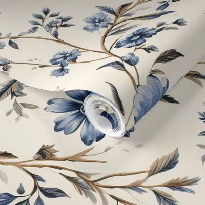 Spoonflower Pre-pasted Wallpaper Shabby Chic Blue Flowers  Removable