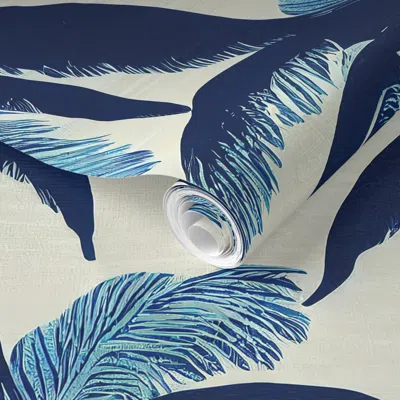 Spoonflower Pre-pasted Wallpaper Shades Of Blue Palm Tree Toile Pattern 2' X 12' Removable
