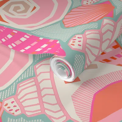Spoonflower Pre-pasted Wallpaper She Sells Seashells By The Sea Shore Pink Orange Blue 2' X 12' Removable