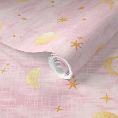 Spoonflower Pre-pasted Wallpaper Shibori Moons And Stars In Soft Pink And Gold (xl Scale) Evening Sky Moon 2' X 