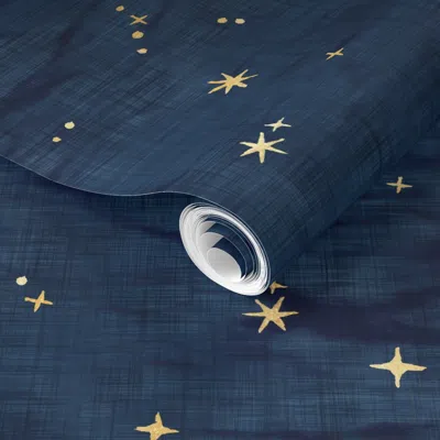 Spoonflower Pre-pasted Wallpaper Shibori Stars On Dark Indigo (large Scale) Night Sky Gold Stars On Shibori 2' X
