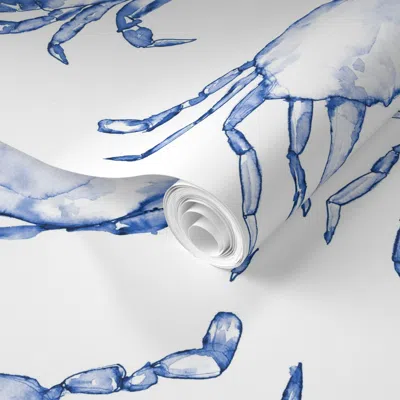 Spoonflower Pre-pasted Wallpaper Shimmying Watercolor Crabs In Brighter Navy Blue  Removable In Multi