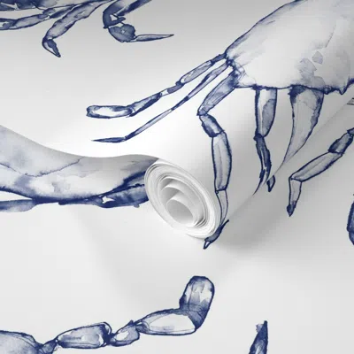 Spoonflower Pre-pasted Wallpaper Shimmying Watercolor Crabs In Dark Navy Blue 2' X 12' Removable
