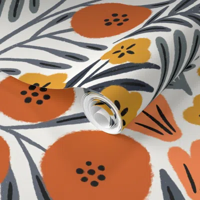 Spoonflower Pre-pasted Wallpaper Shirley (navy And Orange) 2' X 12' Removable