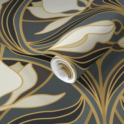 Spoonflower Pre-pasted Wallpaper Silver Gray Magnolia Art Deco 2' X 12' Removable