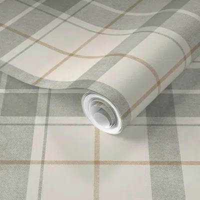 Spoonflower Pre-pasted Wallpaper Simple Cozy Tartan Plaid In Cream White Light Sage Green M  Removable In Brown