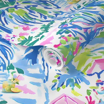 Spoonflower Pre-pasted Wallpaper Sittin'-n-sippin' - Pink/green/blue 2' X 12' Removable