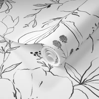 Spoonflower Pre-pasted Wallpaper Sketch Flowers // White 2' X 12' Removable In Multi