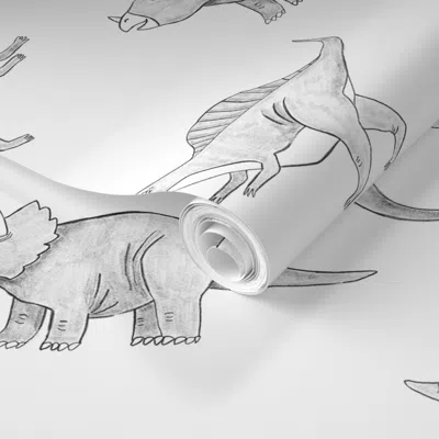 Spoonflower Pre-pasted Wallpaper Sketched Dinosaurs Black And White - Playful Kids Baby Nursery Walls Decor 2' X