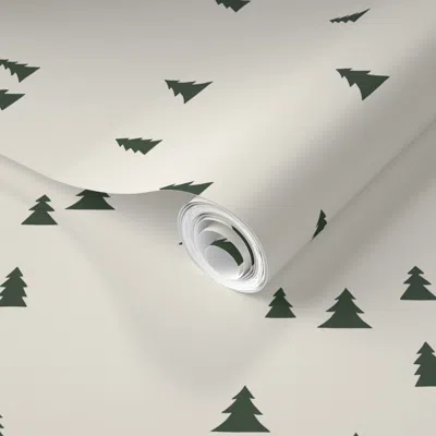 Spoonflower Pre-pasted Wallpaper Ski Gear - Pine Trees In Cream 2' X 12' Removable In Multi