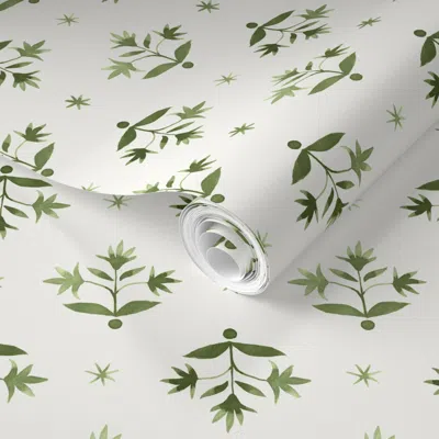 Spoonflower Pre-pasted Wallpaper Small Alternating Layout Thistle Stars Olive Cream 2' X 12' Removable