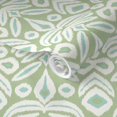 Spoonflower Pre-pasted Wallpaper Small Aqua And Green Ikat Copy 2' X 12' Removable