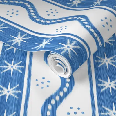Spoonflower Pre-pasted Wallpaper Small Blue On White Charlie Stripe  Removable