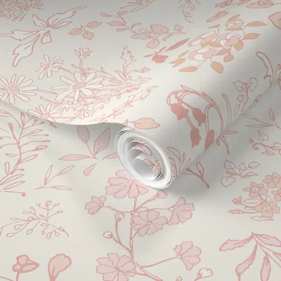 Spoonflower Pre-pasted Wallpaper Small Boho Hand Drawn Pink White And Peach Flowers Cream 2' X 12' Removable