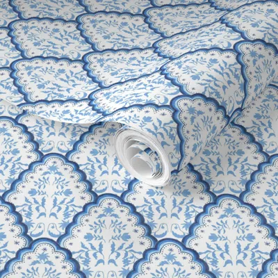 Spoonflower Pre-pasted Wallpaper Small Bright Blues Scallop Paisley 2' X 12' Removable
