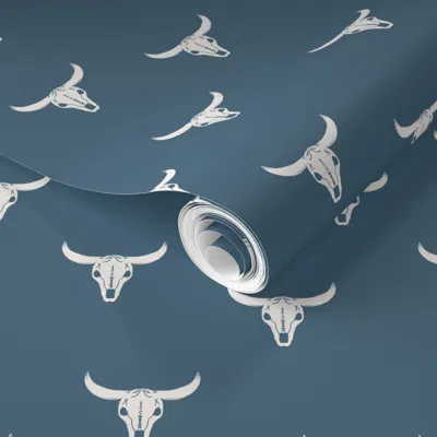 Spoonflower Pre-pasted Wallpaper Small Cow Skull In Blue Rugged Light Denim Suede Sea Masculine Men Walls 2' X 1