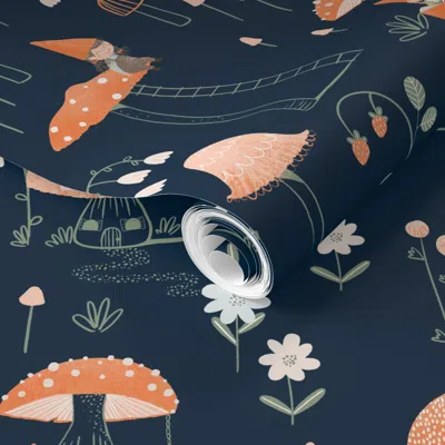 Spoonflower Pre-pasted Wallpaper Small Cute Mushrooms And Gnomes Dark Blue 2' X 12' Removable