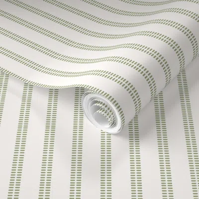 Spoonflower Pre-pasted Wallpaper Small- Double Row Pill Stripes - Avocado Green On Snow White 2' X 12' Removable