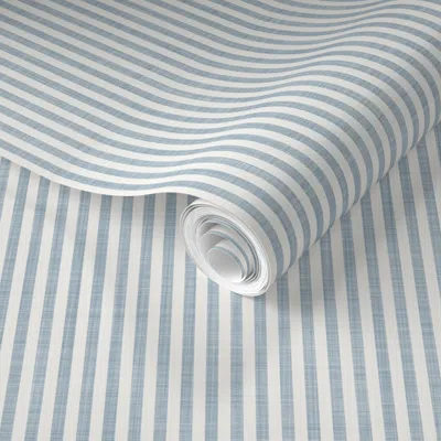 Spoonflower Pre-pasted Wallpaper Small French Blue Farmhouse Linen Pinstripe - Thin Coastal Chambray Stripes 2' 