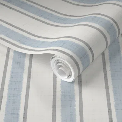 Spoonflower Pre-pasted Wallpaper Small - Grainy Ticking Stripes With Linen Texture - Ivory & Blue & Gray 2' X 12