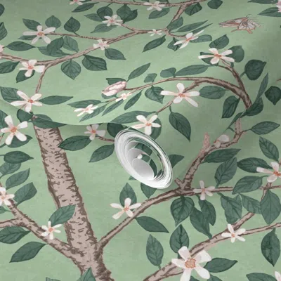Spoonflower Pre-pasted Wallpaper Small Green Climbing Citrus Grove With Peonies Copy 2' X 12' Removable