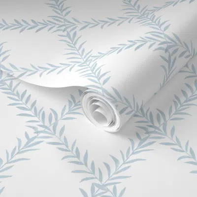 Spoonflower Pre-pasted Wallpaper Small Leafy Trellis Light Blue On White 2' X 12' Removable