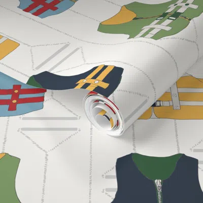 Spoonflower Pre-pasted Wallpaper Small Life Vests Primary Life Jackets Water Sports 2' X 12' Removable