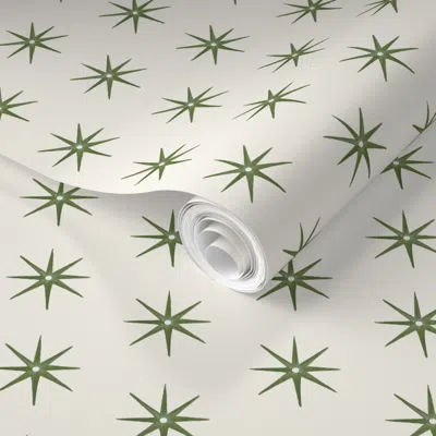 Spoonflower Pre-pasted Wallpaper Small Olive And Cream Stars 2' X 12' Removable In Green