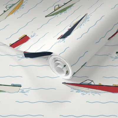 Spoonflower Pre-pasted Wallpaper Small Primary Ski Boat Lake Life Red White And Blue Americana  Removable