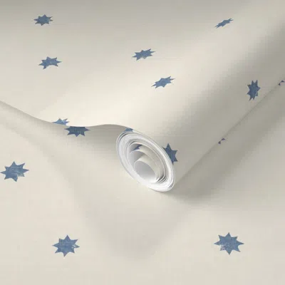 Spoonflower Pre-pasted Wallpaper (small Scale) Block Printed Stars Muted Light Coastal Blue White For Boys 2' X 