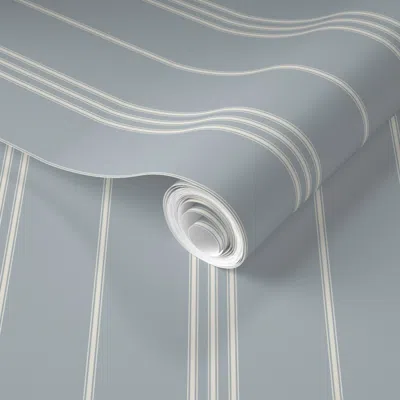 Spoonflower Pre-pasted Wallpaper Small Scale / Classic Ticking Stripes Creamy White French Grey Blue 02 2' X 12'
