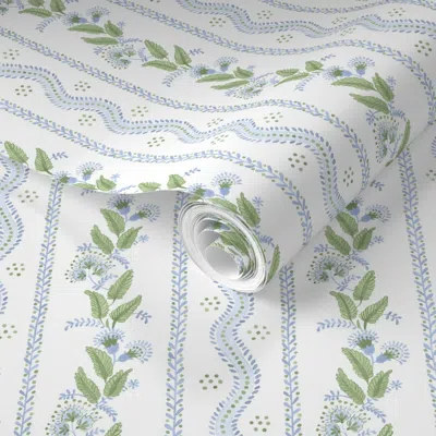 Spoonflower Pre-pasted Wallpaper Small Scale Cornflower Blue And Greens On White 2' X 12' Removable