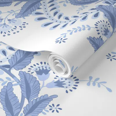 Spoonflower Pre-pasted Wallpaper Small Scale Emmy Blues On White 2' X 12' Removable