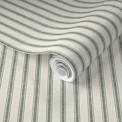 Spoonflower Pre-pasted Wallpaper (small) Textured Ticking Stripe - Pine & Ivory - Vintage Country Style 2' X 12'
