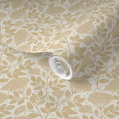 Spoonflower Pre-pasted Wallpaper (small) Vintage Block Print Elderflowers - Papyrus & Ivory - Rustic Floral 2' X