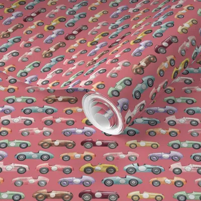 Spoonflower Pre-pasted Wallpaper Smaller Colorful Racing Race Cars Pink 2' X 12' Removable