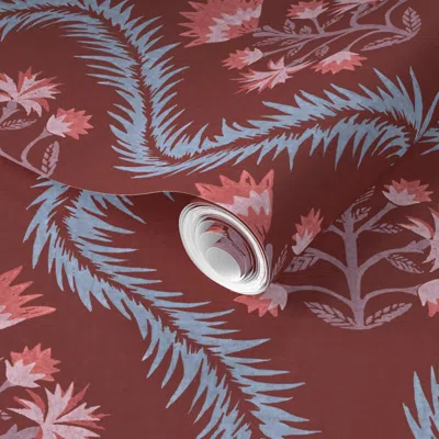 Spoonflower Pre-pasted Wallpaper Smaller Penelope Indian Red Blue 2' X 12' Removable