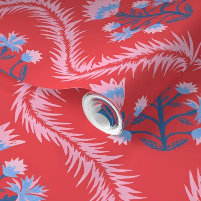 Spoonflower Pre-pasted Wallpaper Smaller Penelope Red Blue 2' X 12' Removable