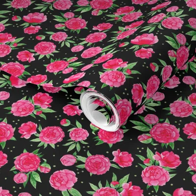 Spoonflower Pre-pasted Wallpaper Smaller Scale Hot Pink Peonies Peony Flower Garden On Black 2' X 12' Removable