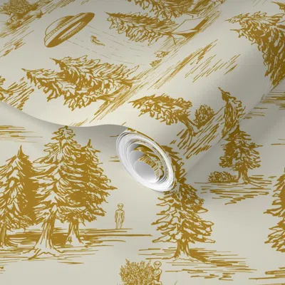 Spoonflower Pre-pasted Wallpaper Small-scale Mustard Yellow Alien Abduction Toile De Jouy  Removable