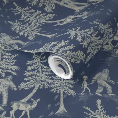 Spoonflower Pre-pasted Wallpaper Small-scale Navy Blue Bigfoot & Friends 2' X 12' Removable