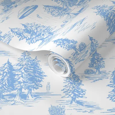 Spoonflower Pre-pasted Wallpaper Small-scale Sky Blue Alien Abduction Toile De Jouy  Removable
