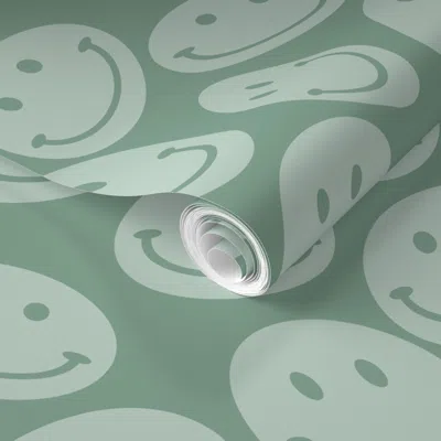 Spoonflower Pre-pasted Wallpaper Smiley Face Melting Minty Melted Happiness Smile Drip Smiley Psychedelic 2' X 1
