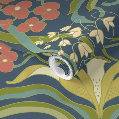 Spoonflower Pre-pasted Wallpaper Snow Drops Daffodils Art Nouveau Damask Teal Turquoise Gold Dusty Blue L 2' X 1