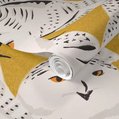 Spoonflower Pre-pasted Wallpaper Snowy Owls (mustard) 2' X 12' Removable